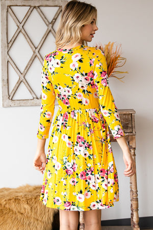 Round neck empire waist comfy dress mustard flower print