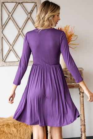 3/4 sleeve crew neck elastic waist violet dress