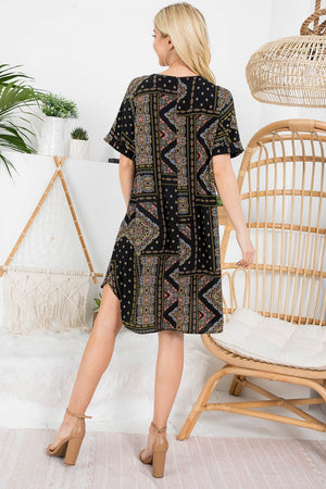 V neck folded short sleeve black boho print dress