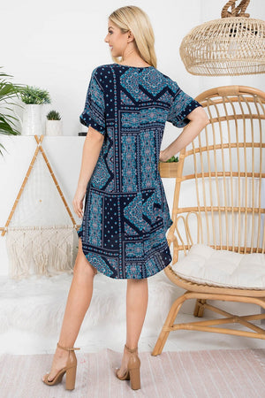 V neck folded short sleeve navy boho print dress