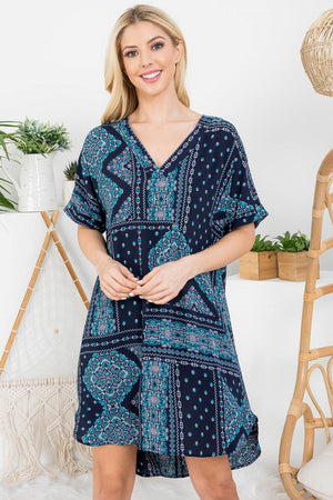 V neck folded short sleeve navy boho print dress