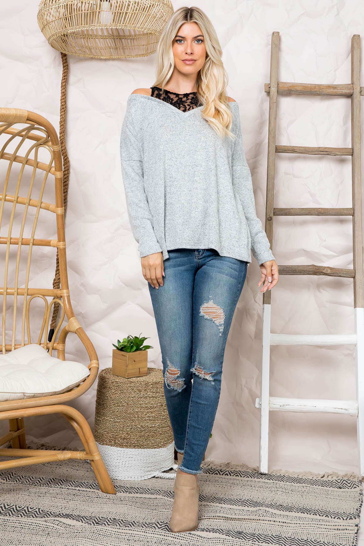 Long sleeve lace insert top