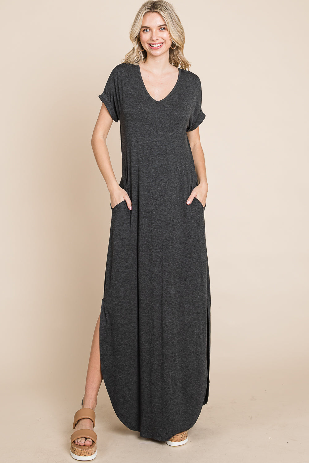 V neck dolman short sleeve pocket maxi dress lose fit charcoal