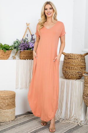 V neck dolman short sleeve pocket maxi dress lose fit desert color