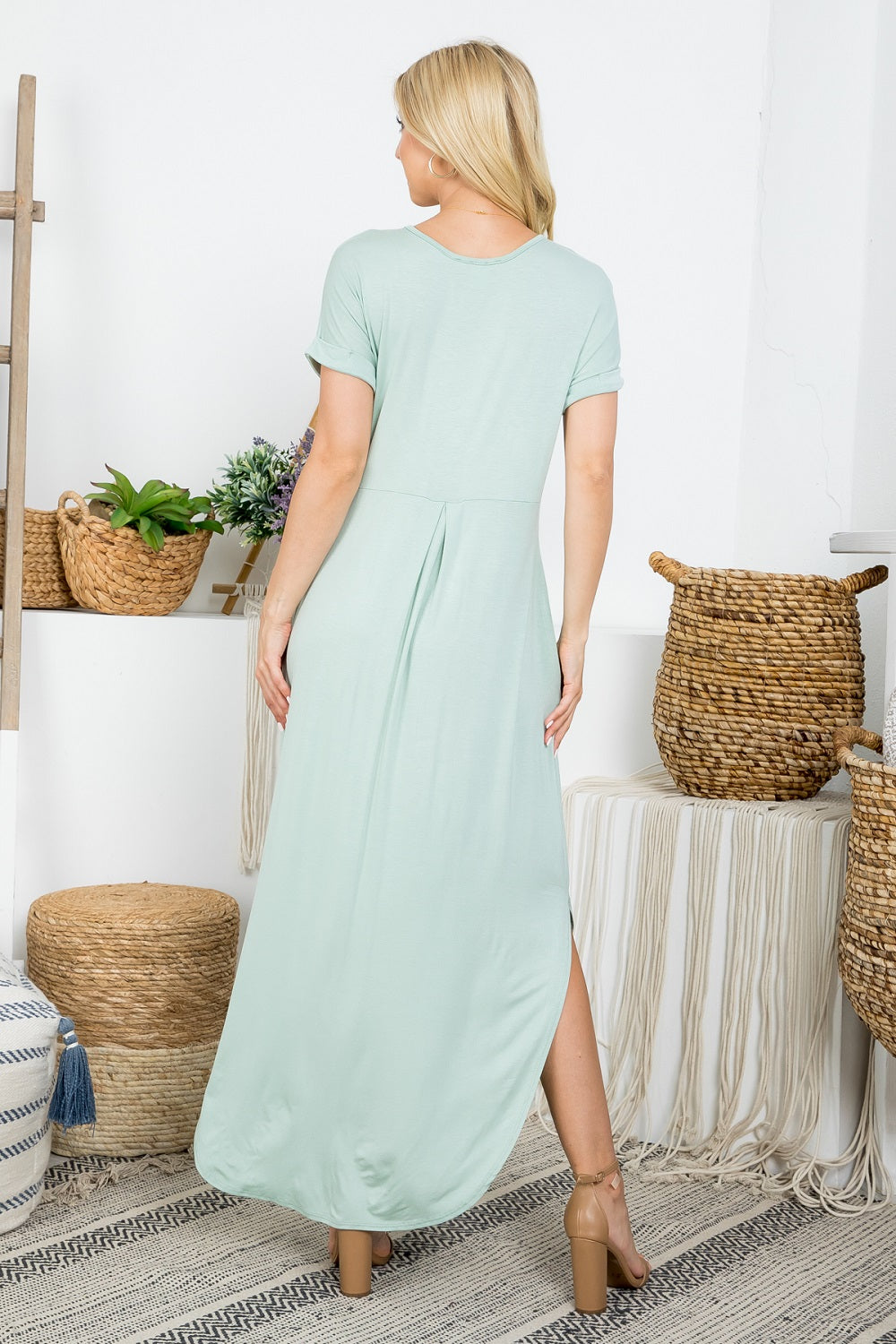 V neck dolman short sleeve pocket maxi dress lose fit light sage color