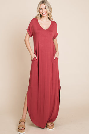 V neck dolman short sleeve pocket maxi dress lose fit terracota