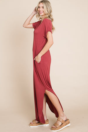 V neck dolman short sleeve pocket maxi dress lose fit terracota