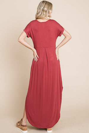 V neck dolman short sleeve pocket maxi dress lose fit terracota