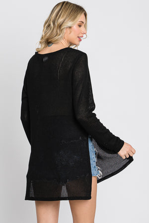 Round neck long sleeve knit tunic black top