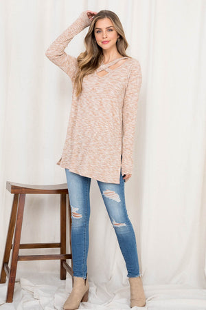 Long sleeve 2tone rib v neck tunic top