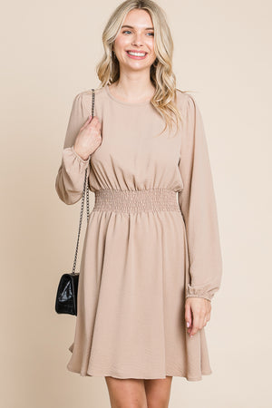 Long sleeve round neck smock waist dress