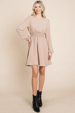 Long sleeve round neck smock waist dress