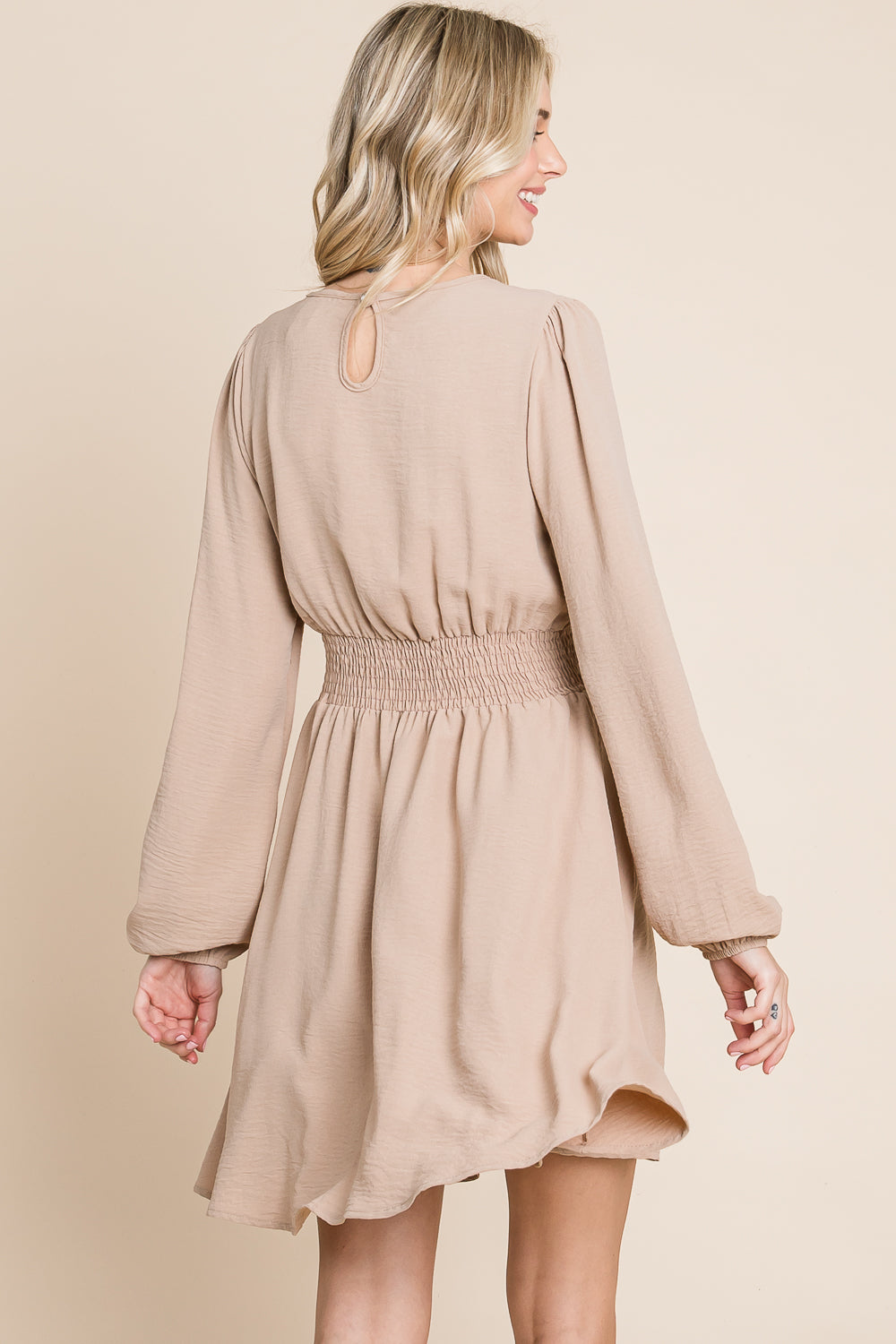 Long sleeve round neck smock waist dress