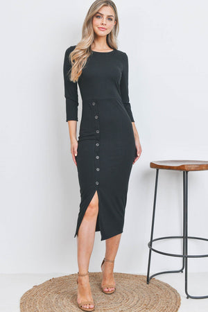 Round neck button front rib midi dress bodycon black