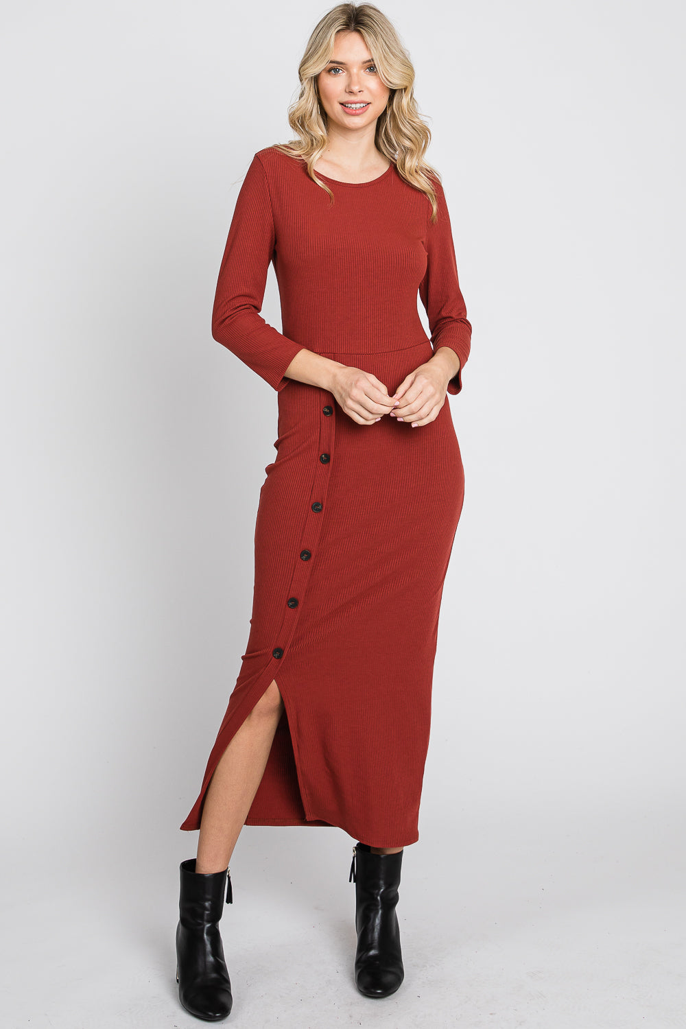 Round neck button front rib midi dress bodycon rust