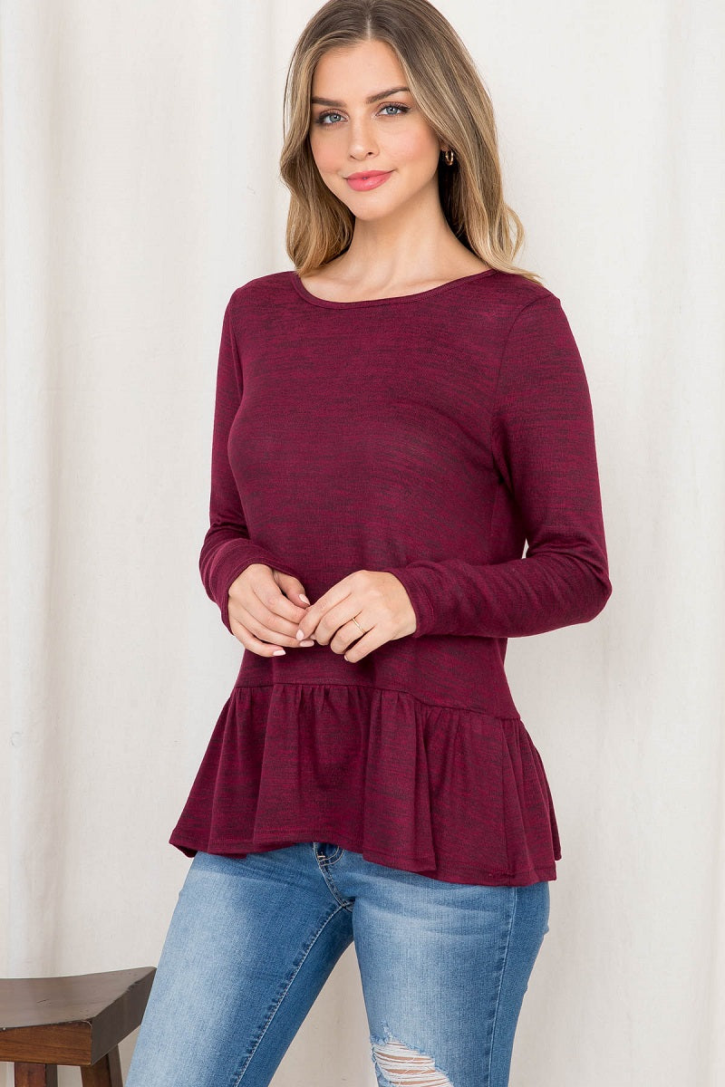 Long sleeve Hacci ruffle burgundy top