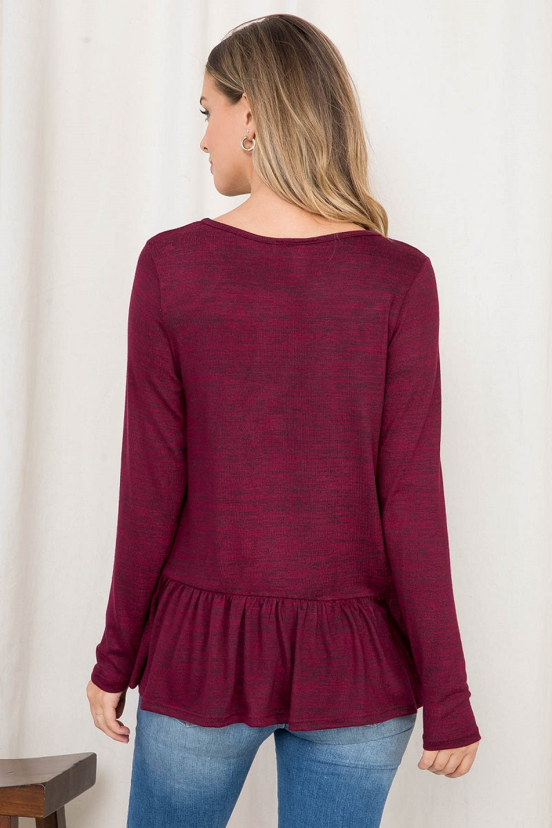 Long sleeve Hacci ruffle burgundy top