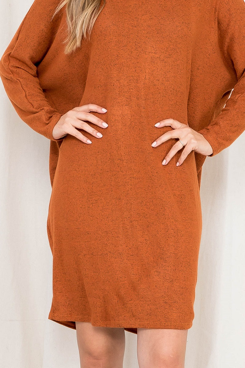 Long sleeve dolman button back rust dress