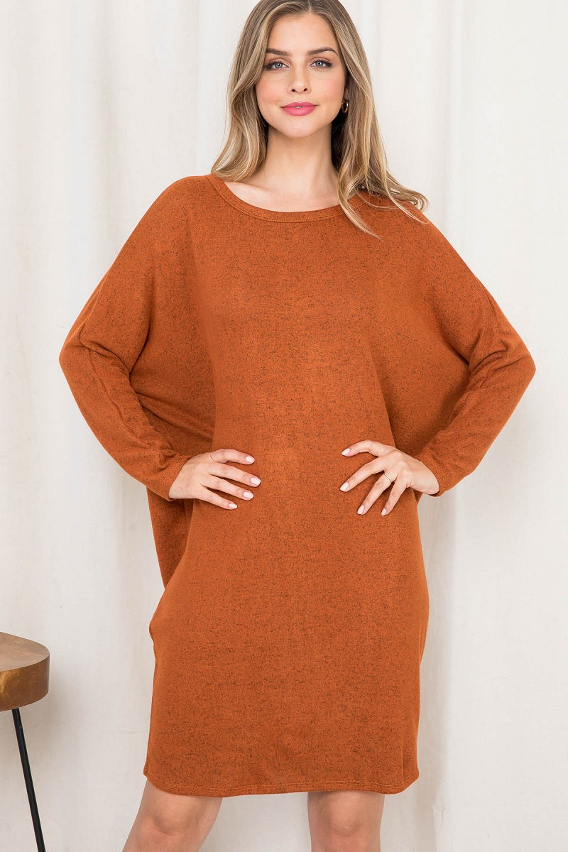 Long sleeve dolman button back rust dress