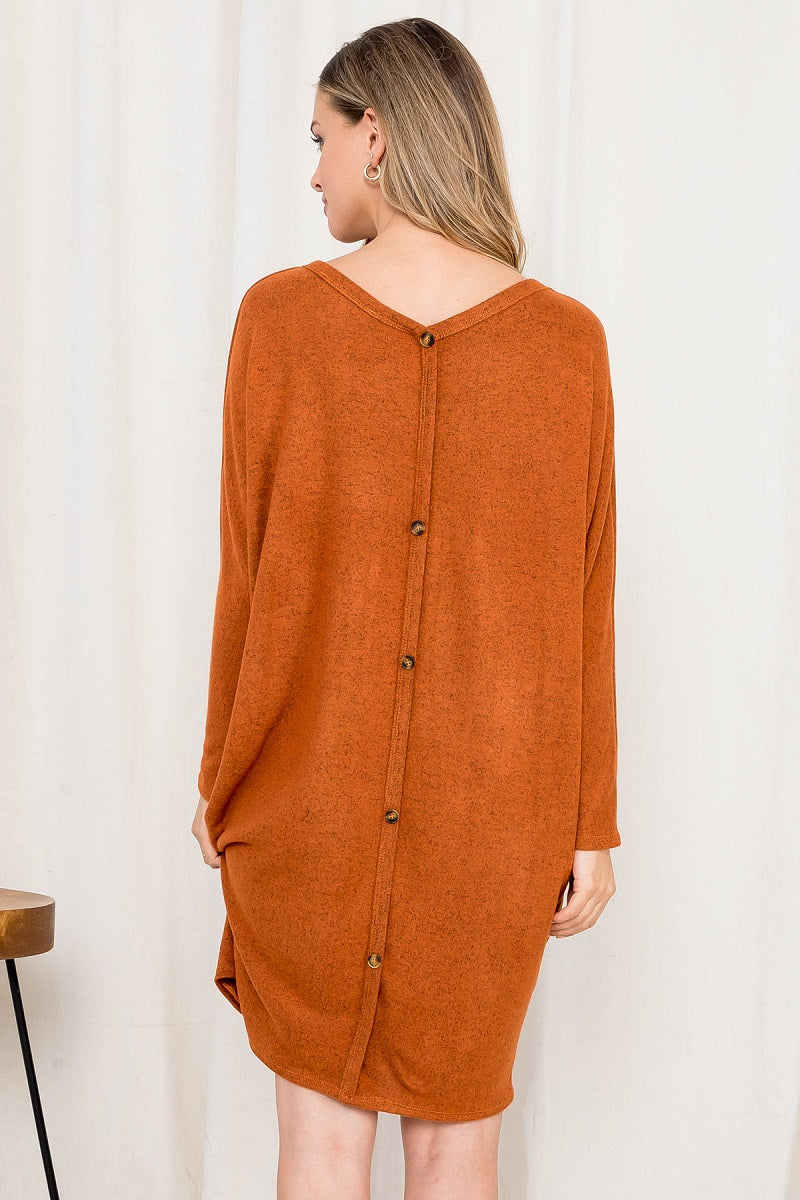 Long sleeve dolman button back rust dress