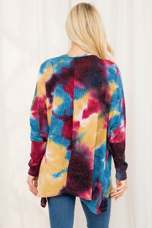 Long sleeve tie dye rib dolman burgundy top