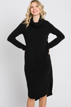 Long sleeve cowl neck pocket black dress