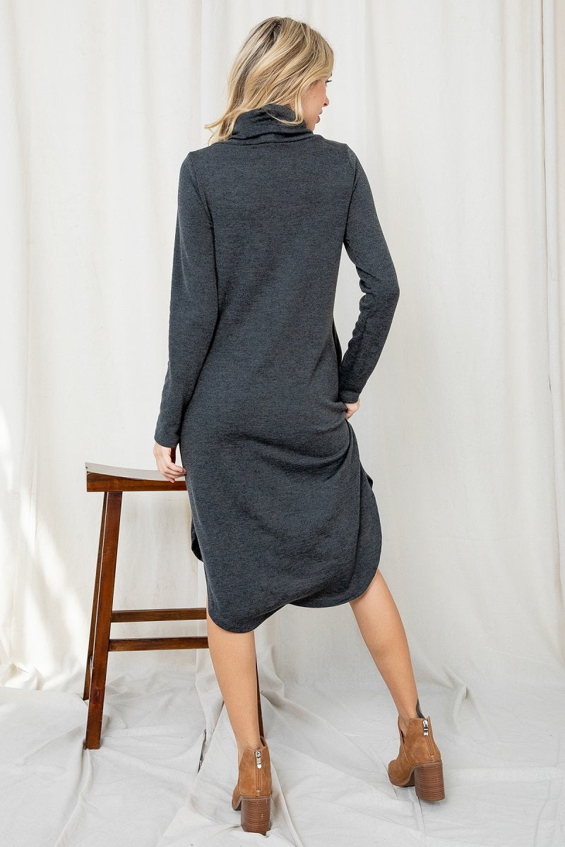 Long sleeve cowl neck pocket charcoal dress