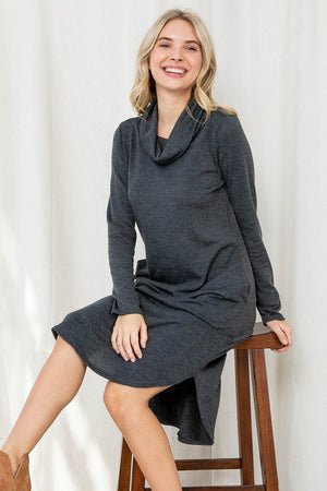 Long sleeve cowl neck pocket charcoal dress