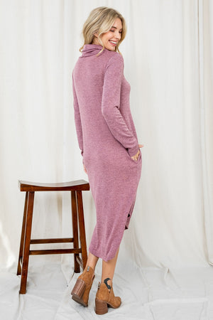 Long sleeve cowl neck pocket mauve dress