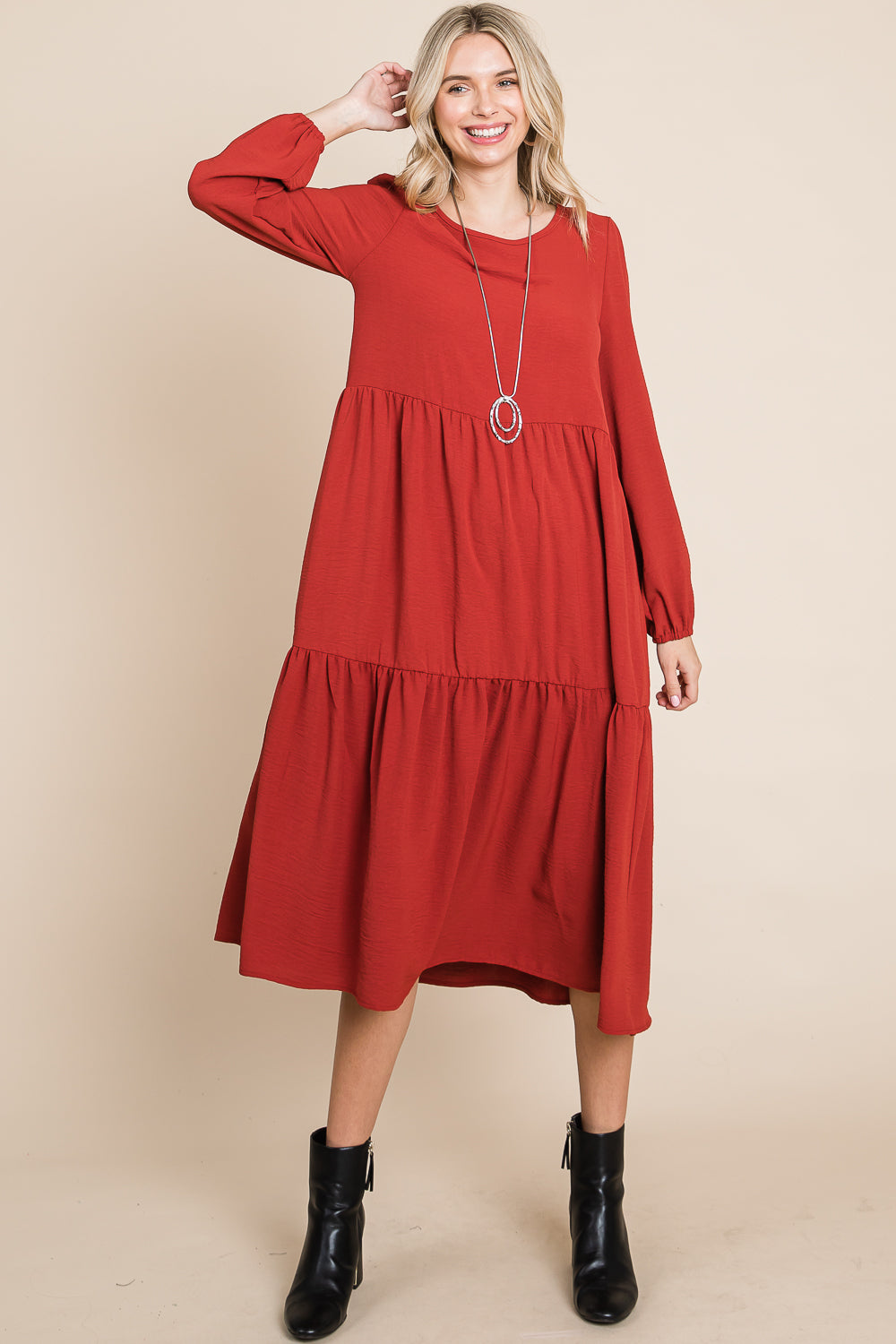 Long sleeve 3 tier long rust dress