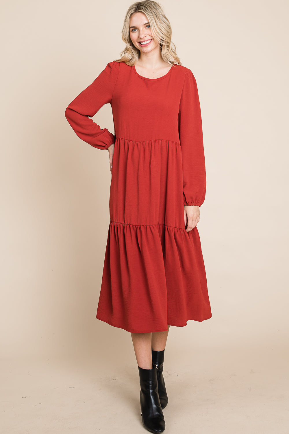 Long sleeve 3 tier long rust dress