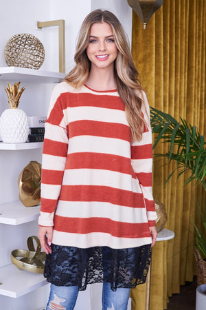 Long sleeve stripe lace tunic rust top