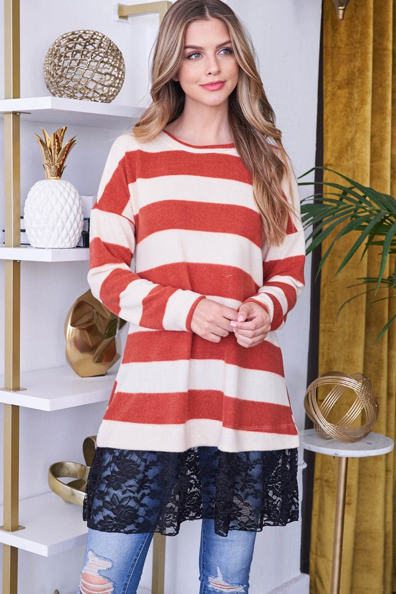 Long sleeve stripe lace tunic rust top