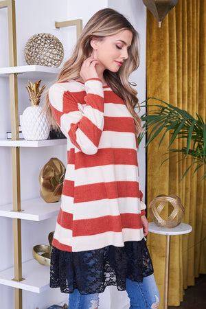 Long sleeve stripe lace tunic rust top