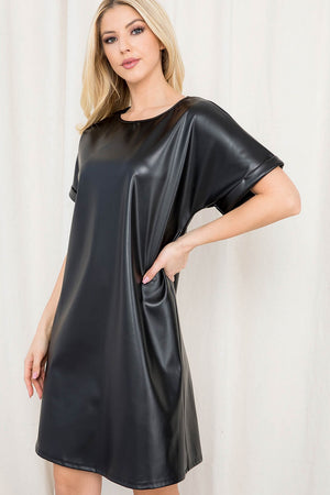 Folded short sleeve PU black dress