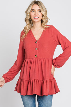 Long sleeve button empire marsala top