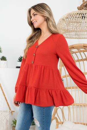 Long sleeve button empire rust top