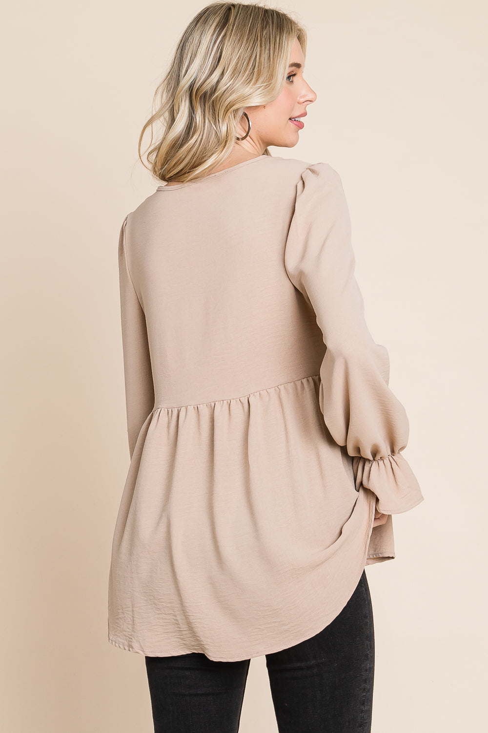 Round neck flounce sleeve dk stone blouse