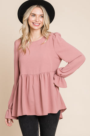 Round neck flounce sleeve mauve blouse