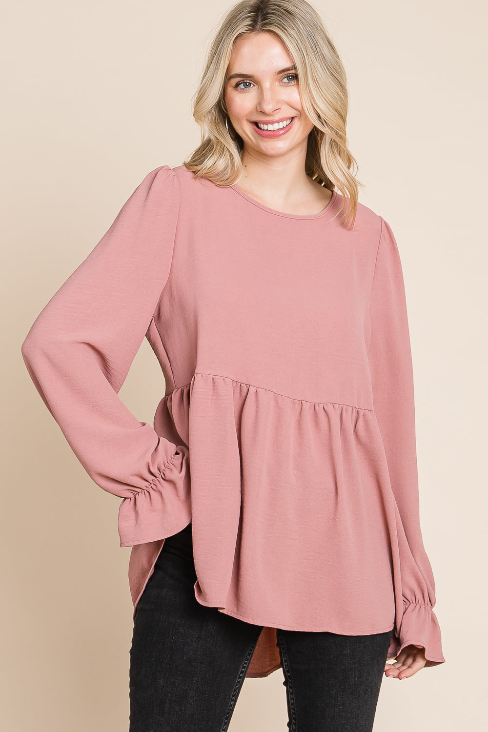 Round neck flounce sleeve mauve blouse