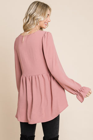 Round neck flounce sleeve mauve blouse