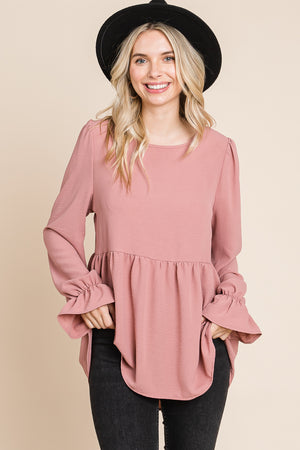 Round neck flounce sleeve mauve blouse