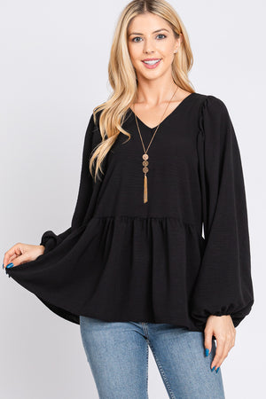 Bubble long sleeve v neck black blouse