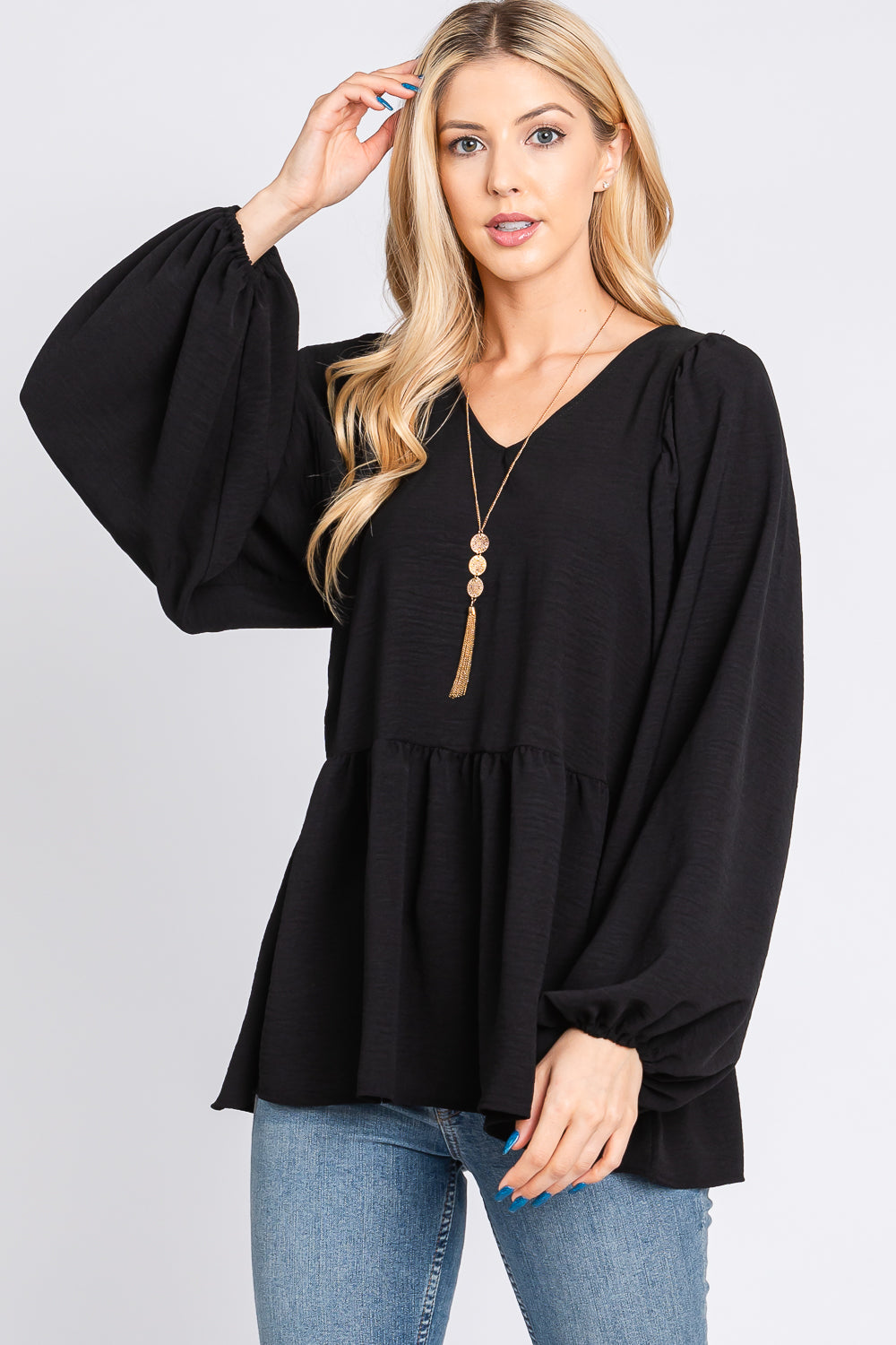 Bubble long sleeve v neck black blouse