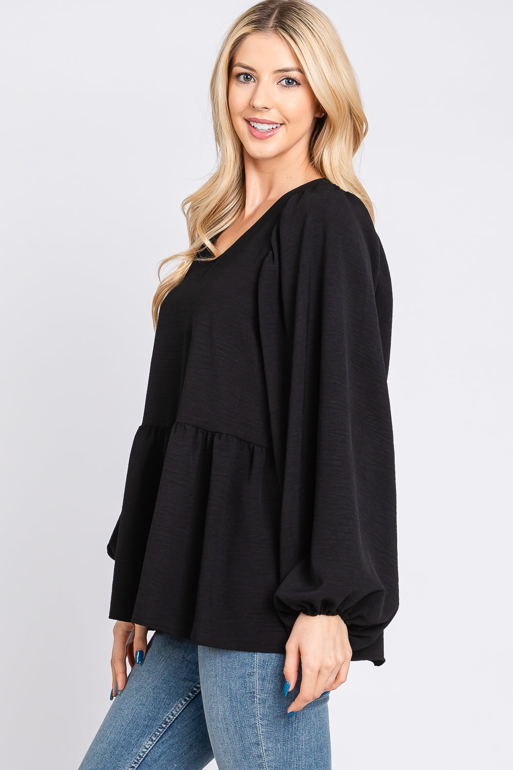 Bubble long sleeve v neck black blouse