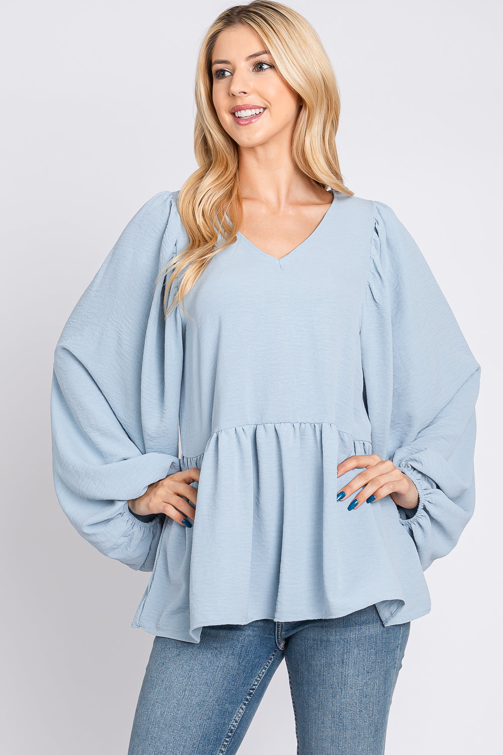 Bubble long sleeve v neck blue blouse