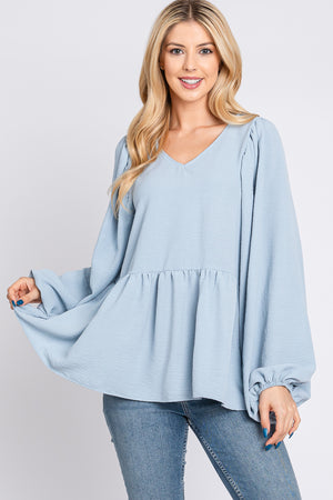 Bubble long sleeve v neck blue blouse