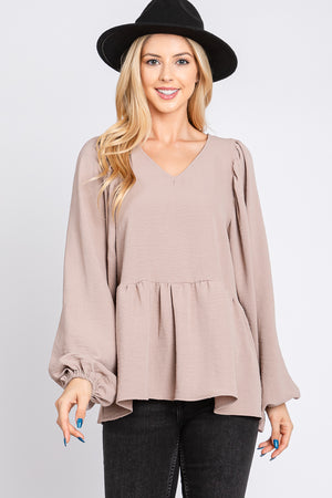 Bubble long sleeve v neck camel blouse