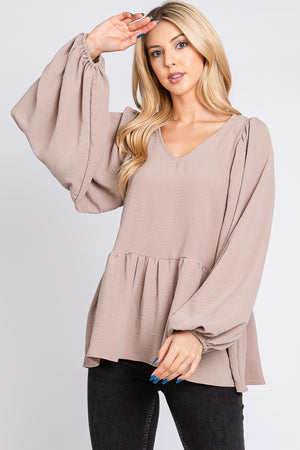 Bubble long sleeve v neck camel blouse