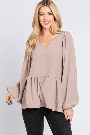 Bubble long sleeve v neck camel blouse